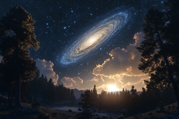 A starry night sky with a galaxy in the background, a sunrise in the foreground, and a forest in the middle ground.