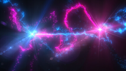 Blue and Pink Wavy Light Lines Crossing Turbulence Particles and Lens Flares, Widescreen 4K Resolution