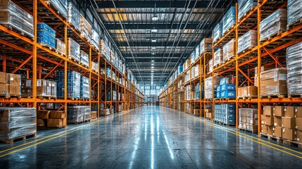 Fototapeta premium Spacious modern warehouse with shelves full of boxed goods, clean and organized interior.