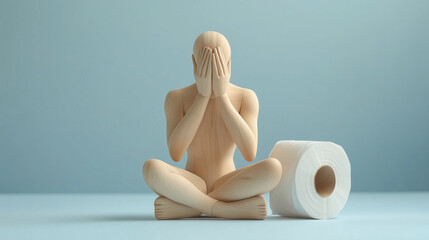 A wooden mannequin figure sitting cross-legged beside a roll of toilet paper, with its hands covering its face, conveying emotion and frustration. hemorrhoid treatment concept,