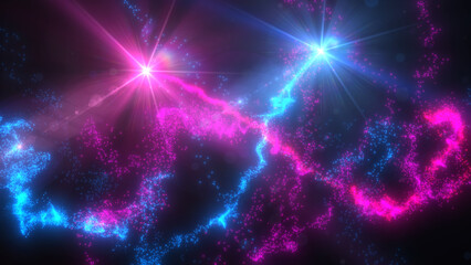 Fototapeta premium Blue and Pink Wavy Light Lines Crossing Turbulence Particles and Lens Flares, Widescreen 4K Resolution
