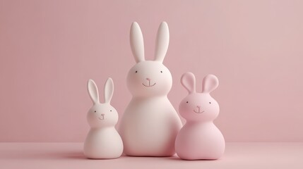 Three adorable white rabbits strike a pose on vibrant pink background 