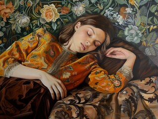 Fototapeta premium Sleeping Beauty in a Floral Dream: A Realistic Portrait Painting