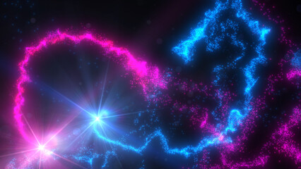 Blue and Pink Wavy Light Lines Crossing Turbulence Particles and Lens Flares, Widescreen 4K Resolution