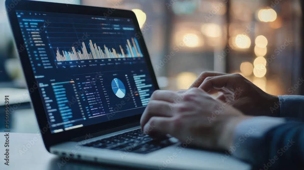 Poster a person analyzing data on their laptop, with the screen showing graphs and tables of traffic analyt