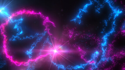 Blue and Pink Wavy Light Lines Crossing Turbulence Particles and Lens Flares, Widescreen 4K Resolution