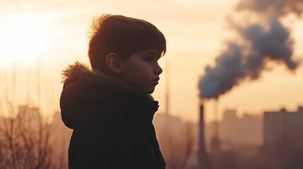 Fototapeta premium Child observing industrial factory emitting smoke, a commentary on pollution and environmental impact