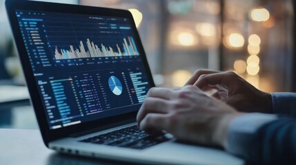 A person analyzing data on their laptop, with the screen showing graphs and tables of traffic analytics. close up.