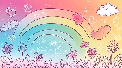 Fototapeta premium Colorful rainbow illustration with clouds and flowers on a pastel background