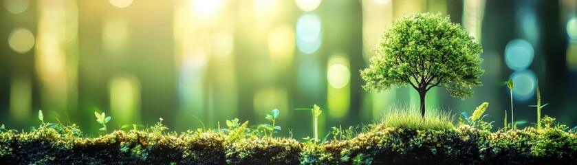 Solitary tree flourishing in the heart of a lush green forest serene