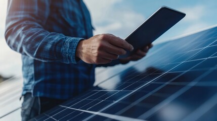 A renewable energy engineer assessing solar potential on a digital tablet, close-up on hands analyzing insolation data for solar energy projects