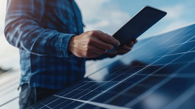 A renewable energy engineer assessing solar potential on a digital tablet, close-up on hands analyzing insolation data for solar energy projects