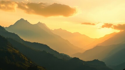 Obraz premium Serene mountain landscape at sunset with layered peaks.