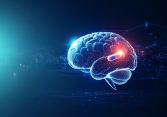 A blue medical drug capsule depicted in a low polygonal style.