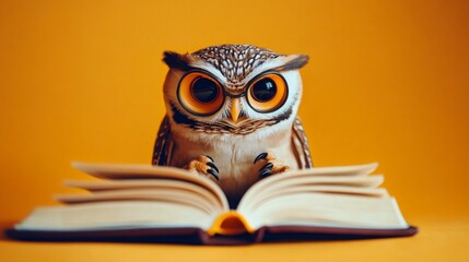 A fashionable owl immersed in reading a book.