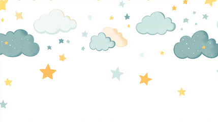 Colorful clouds and stars create a whimsical background for children's artwork or decor