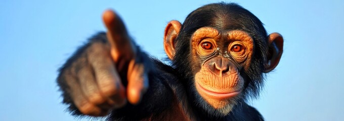 Fototapeta premium An expressive chimpanzee finger emphasizes its serious mood.
