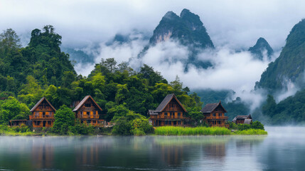Obraz premium Isolated village on an island in a flowing river, wooden homes, tall grass surrounding, mountains in the background