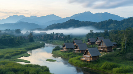 Fototapeta premium Isolated village on an island in a flowing river, wooden homes, tall grass surrounding, mountains in the background