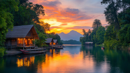 Fototapeta premium Peaceful village surrounded by river, small wooden cottages, fishing boats docked by the shore