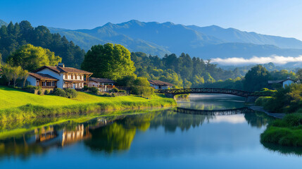 Obraz premium Riverside village with cottages and wooden bridges, surrounded by gentle hills, calm water reflecting the landscape