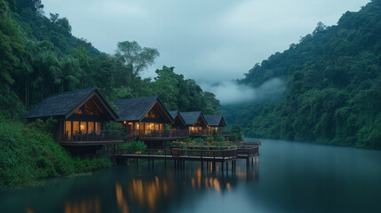 Naklejka premium Traditional village on a small river island, surrounded by dense forest, wooden footbridges connecting cottages