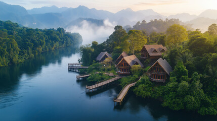 Fototapeta premium Traditional village on a small river island, surrounded by dense forest, wooden footbridges connecting cottages