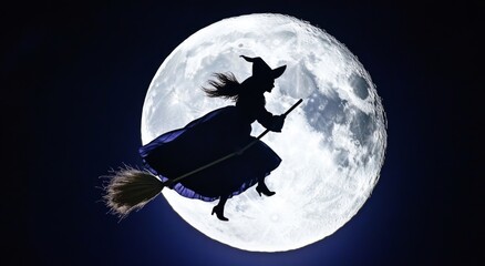 A witch gracefully flying with her broomstick over a full moon.