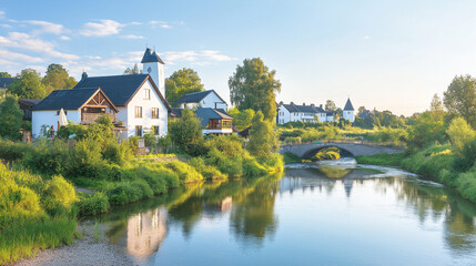 Fototapeta premium Village on a riverbank with small bridges connecting homes, calm river reflecting the bright blue sky, green trees around