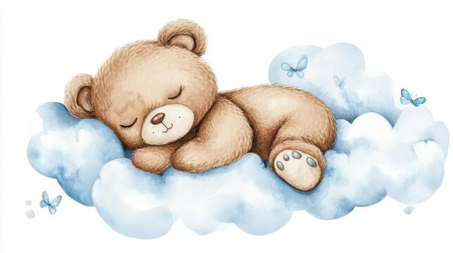 Naklejki Whimsical art featuring a teddy bear peacefully asleep in the sky.