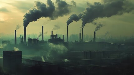 Urban industrial landscape, towering smokestacks dominate the city skyline