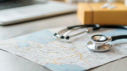 Stethoscope on Travel Map with First Aid Kit