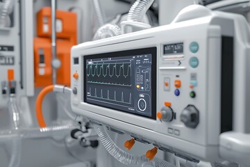 Medical ventilator depicted in a detailed service setup, isolated for clear viewing.