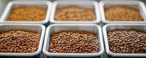 Variety of brown lentils in white containers on a display. Great for healthy meals and recipes.