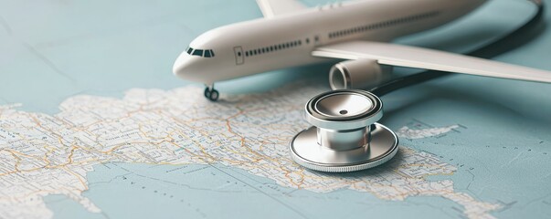 Airplane and Stethoscope on Map Scene