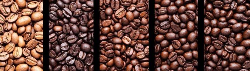 Various roasted coffee beans showcasing diverse colors and textures on a dark background.