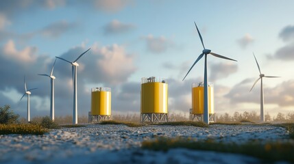 Obraz premium Harnessing sustainable power, wind turbines and energy storage tanks in rural landscape