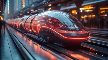 Fototapeta premium A futuristic train with a transparent pod design, lit with neon lights and moving along a track in a city.