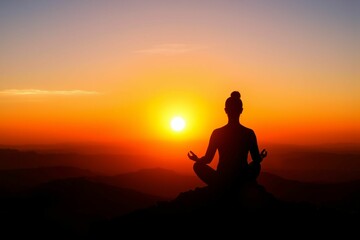 Person meditating on mountain at sunrise with peaceful landscape, generative AI
