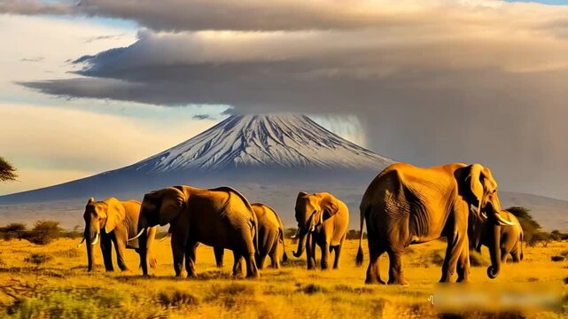 A herd of elephants graze on the grass underneath Mt. Kilimanjaro in Amboseli National Park, Kenya.