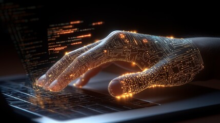 A dynamic view of a software engineer's hand coding on a laptop with transparent circuit paths extending from the fingers.