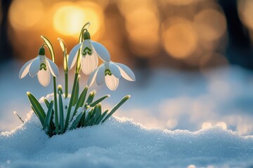 Beautiful snowdrop flowers growing through snow in spring garden