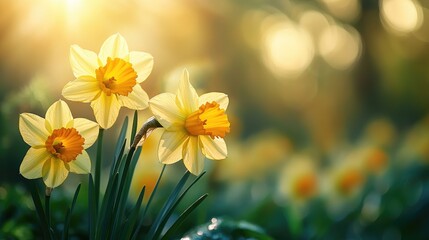 Fototapeta premium Yellow daffodils blooming in spring garden at sunset