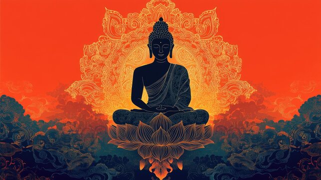 Black buddha statue meditating over burning flames painting