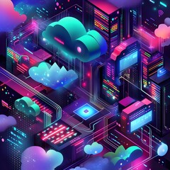 Obraz premium Futuristic Isometric of Conscious Cloud Computing with Ethereal Data Centers and Expressive Weather Entities