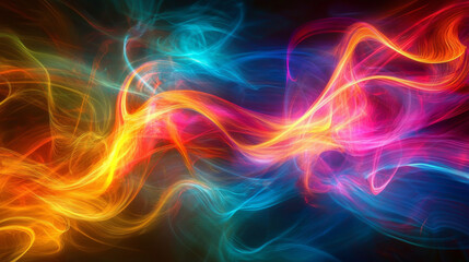 Obraz premium Background illustration of lines of all colors like a rainbow forming a shape like smoke on a black backdrop , abstract wallpaper design full of colours