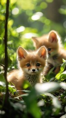 Obraz premium Two red fox cubs relaxing in the forest