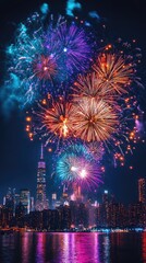 Colorful fireworks exploding over the toronto city skyline at night