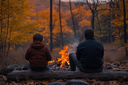 Father and son enjoying a campfire by a lake in autumn