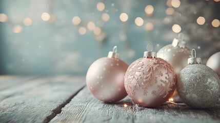 Sparkling pink and silver christmas ornaments on rustic wood, a festive holiday decoration